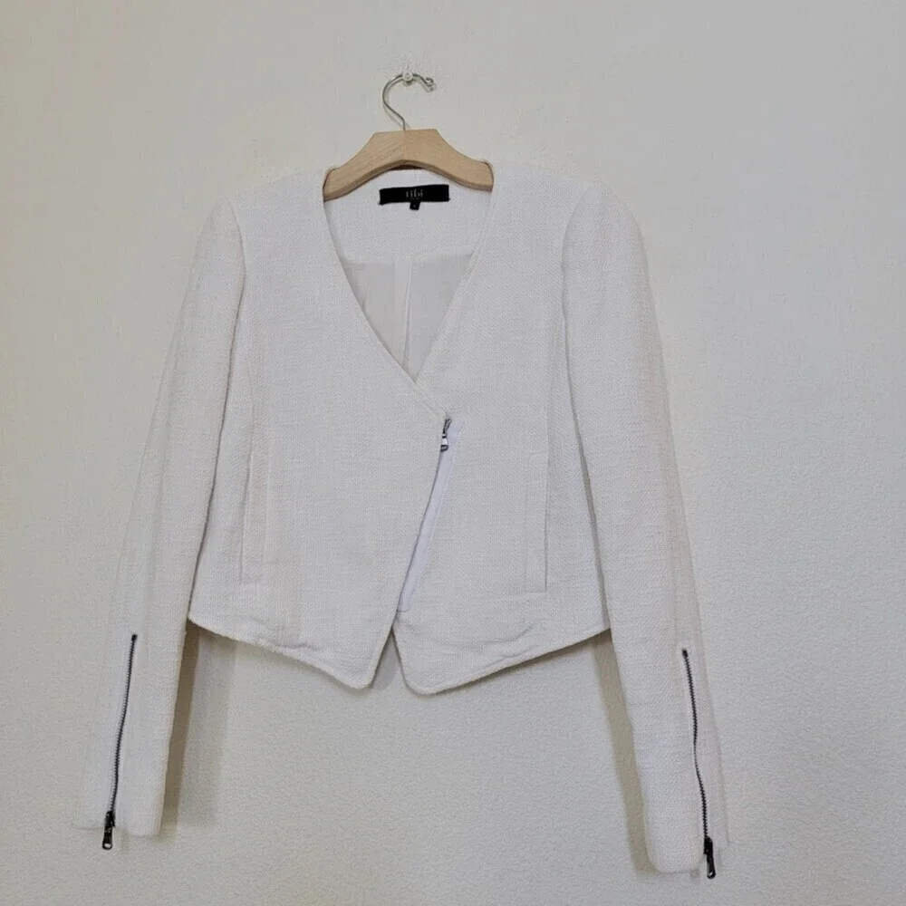TIBI NY 100% Cotton Cropped Asymmetrical Knit Moto Jacket White 6 Quirt Luxury